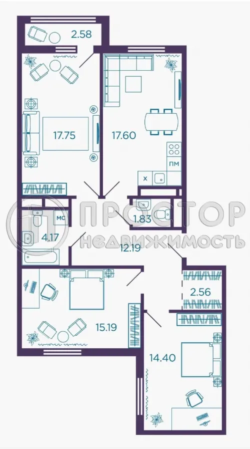 3-комнатная квартира, 86.4 м² - фото 2
