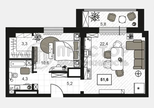 2-комнатная квартира, 51.6 м² - фото 8