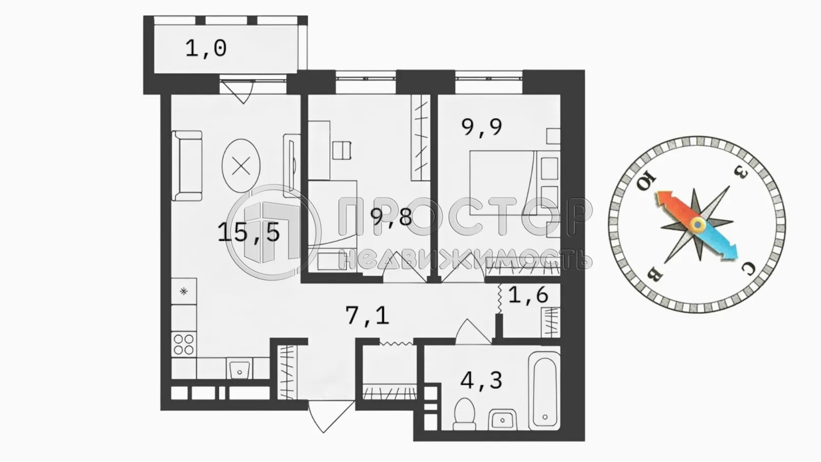 2-комнатная квартира, 50.5 м² - фото 7