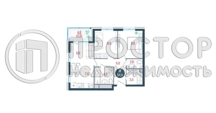 2-комнатная квартира, 51 м² - фото 12