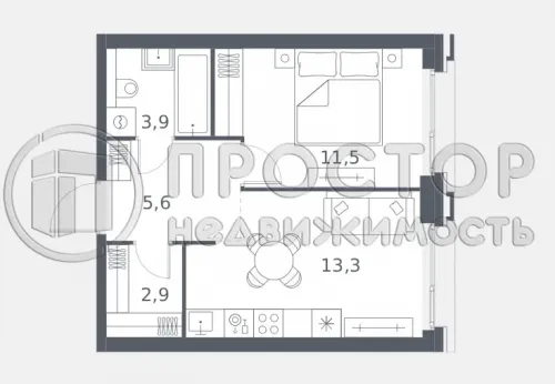1-комнатная квартира, 37.2 м² - фото 2