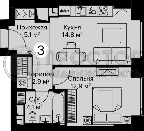 1-комнатная квартира, 39.5 м² - фото 12