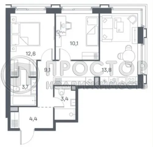 2-комнатная квартира, 57.1 м² - фото 2