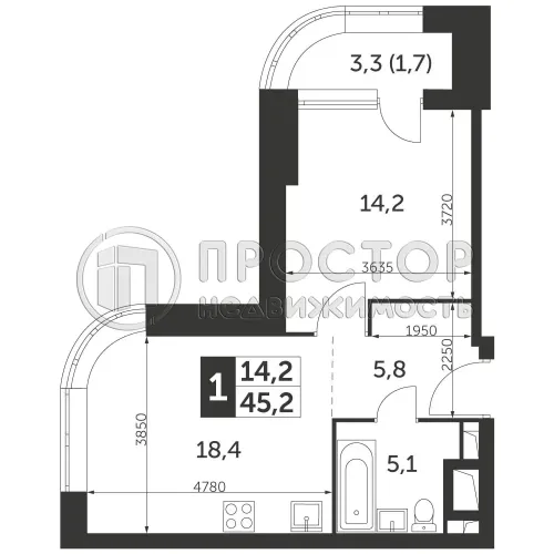 1-комнатная квартира, 45.2 м² - фото 19
