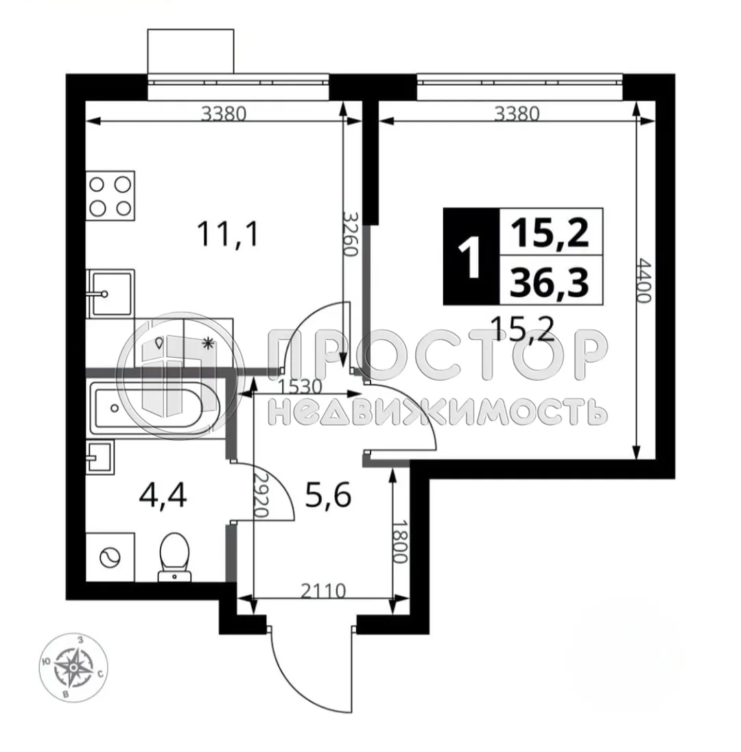 1-комнатная квартира, 36.3 м² - фото 13