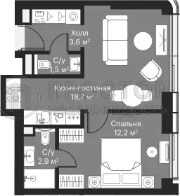 1-комнатная квартира, 38.9 м² - фото 16