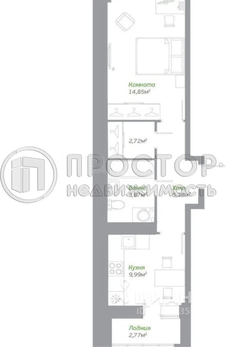 1-комнатная квартира, 36.4 м² - фото 19