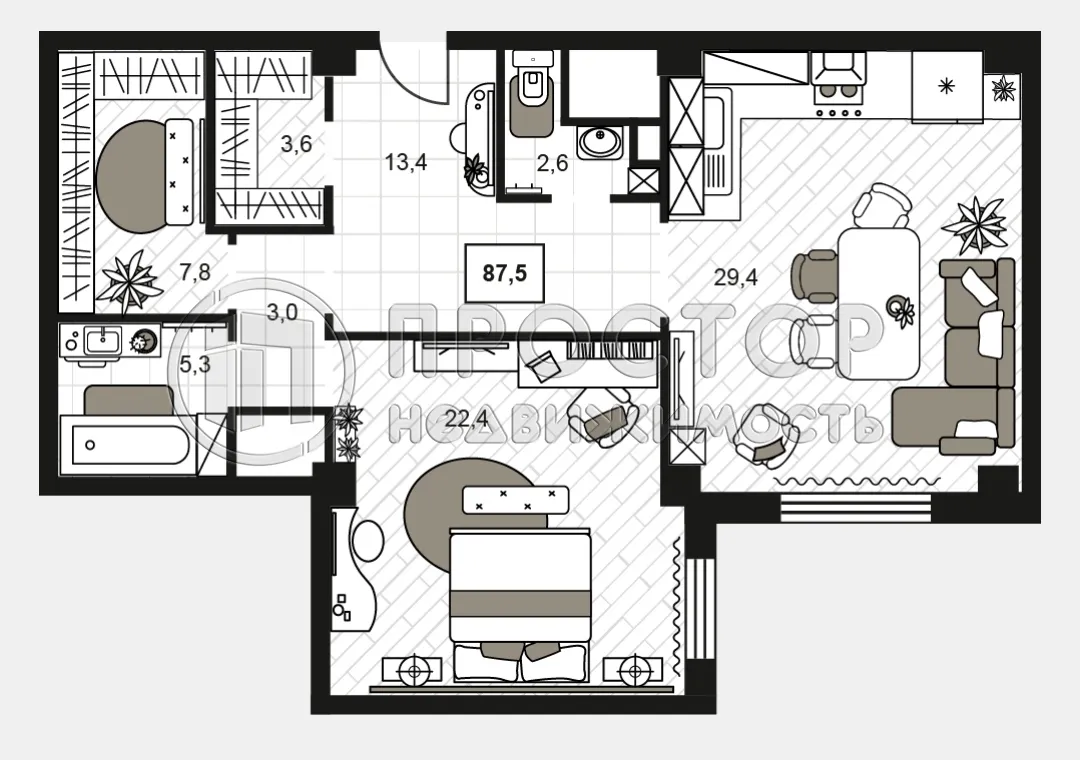 2-комнатная квартира, 87.5 м² - фото 4