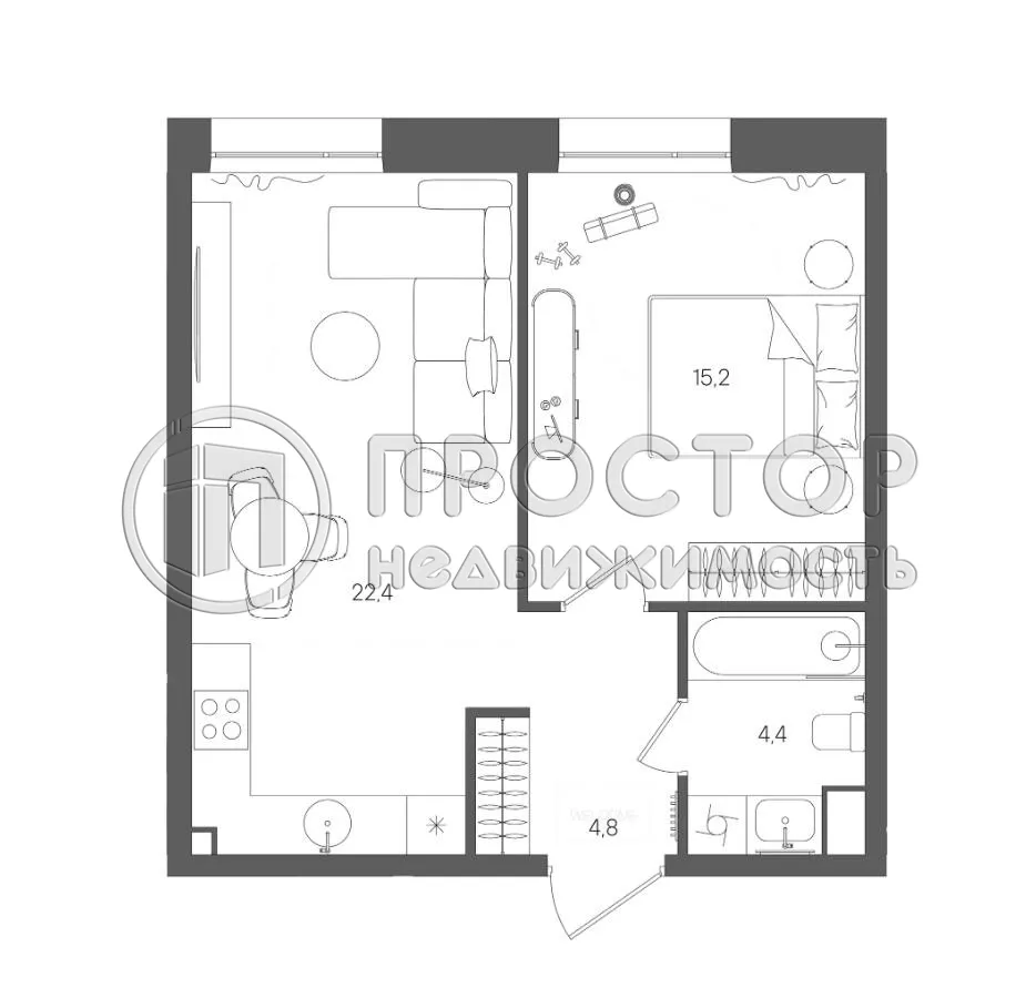 1-комнатная квартира, 46.8 м² - фото 19