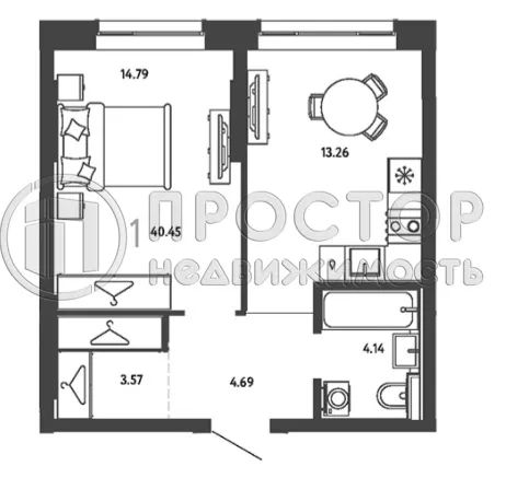 1-комнатная квартира, 40.45 м² - фото 13