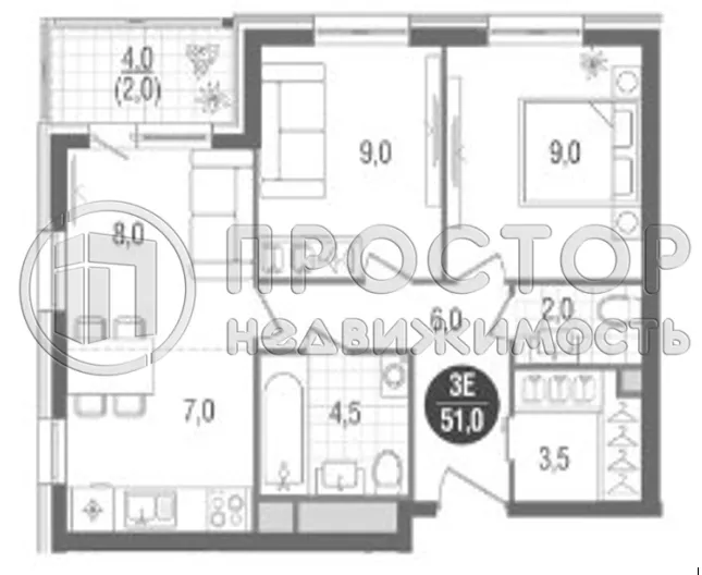 2-комнатная квартира, 49 м² - фото 3
