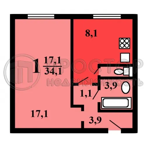 1-комнатная квартира, 34.1 м² - фото 24
