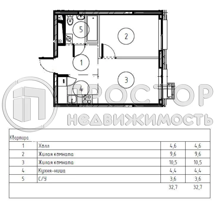 1-комнатная квартира, 32.7 м² - фото 17