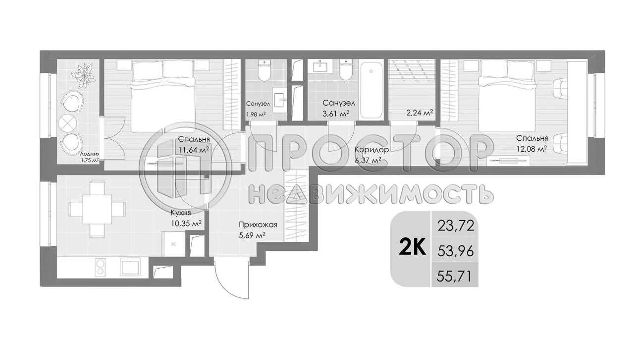 2-комнатная квартира, 55.7 м² - фото 19