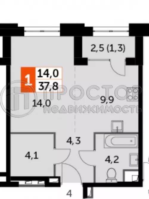 1-комнатная квартира, 37.8 м² - фото 15