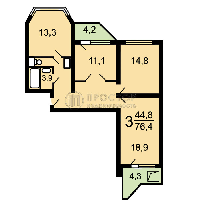 3-комнатная квартира, 76.1 м² - фото 32
