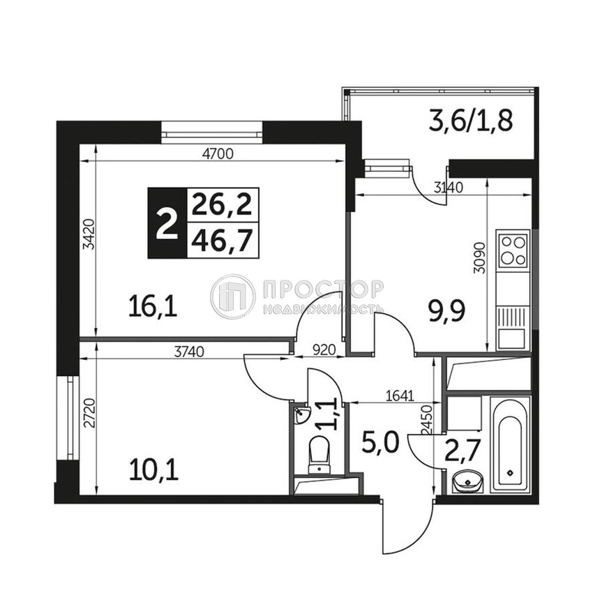 2-комнатная квартира, 46 м² - фото 2