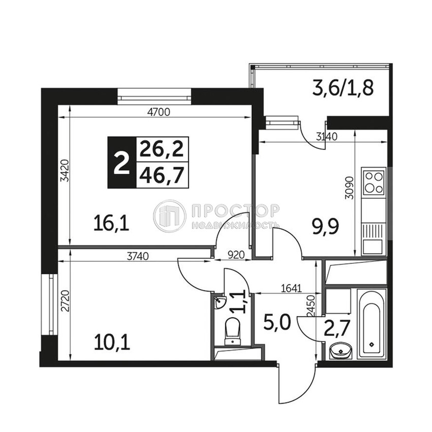 2-комнатная квартира, 46 м² - фото 20