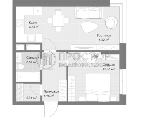 1-комнатная квартира, 44.87 м² - фото 6
