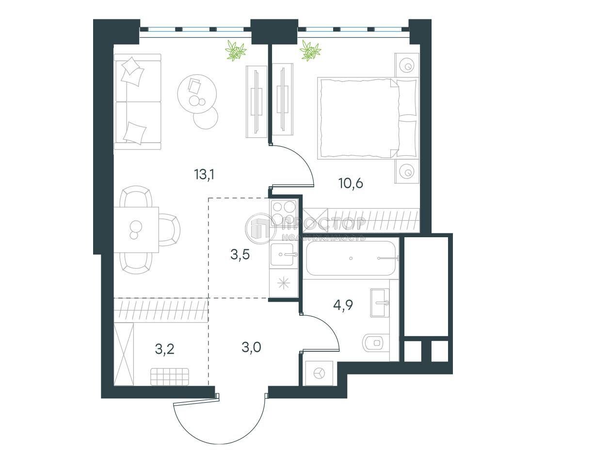 1-комнатная квартира, 38.4 м² - фото 97