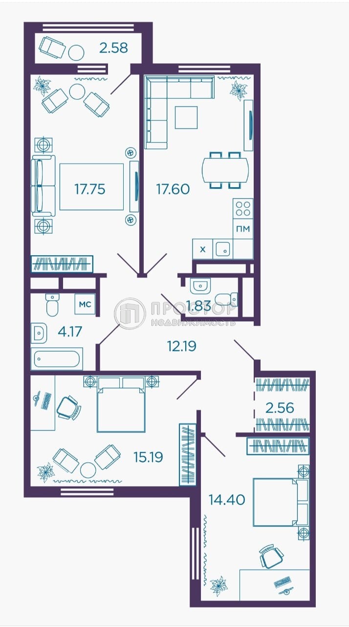 3-комнатная квартира, 86.4 м² - фото 2