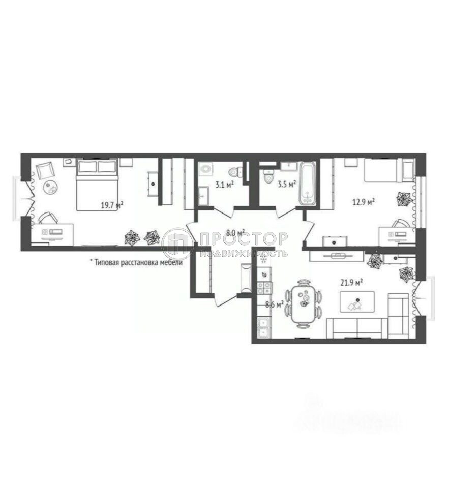 2-комнатная квартира, 77.7 м² - фото 289