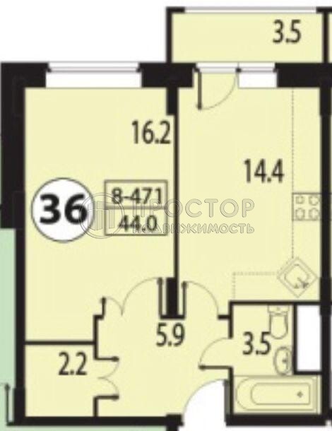 1-комнатная квартира, 43.4 м² - фото 320