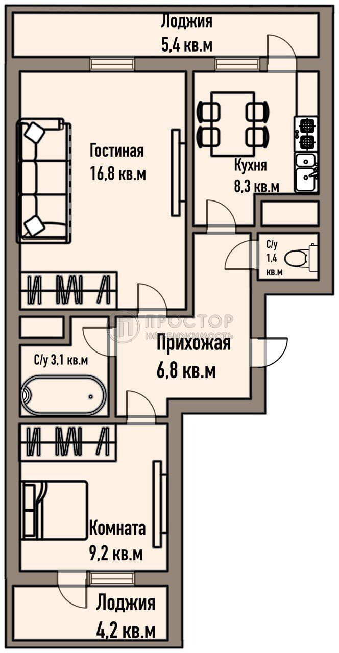 2-комнатная квартира, 45.6 м² - фото 16