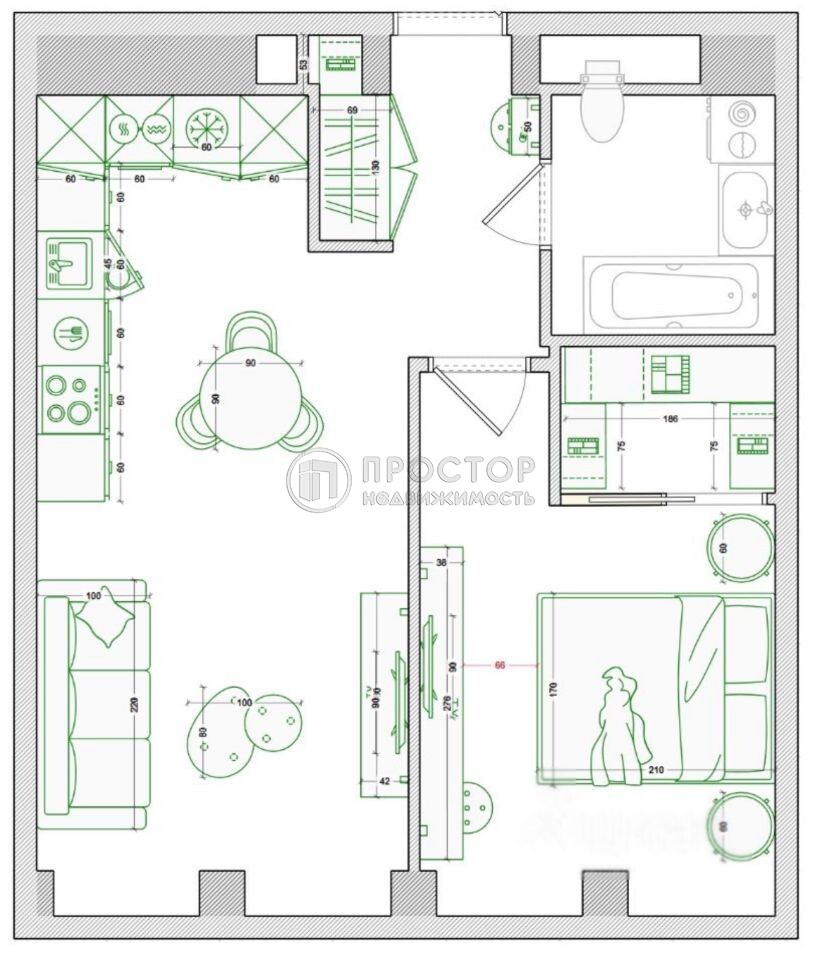 1-комнатная квартира, 46 м² - фото 356