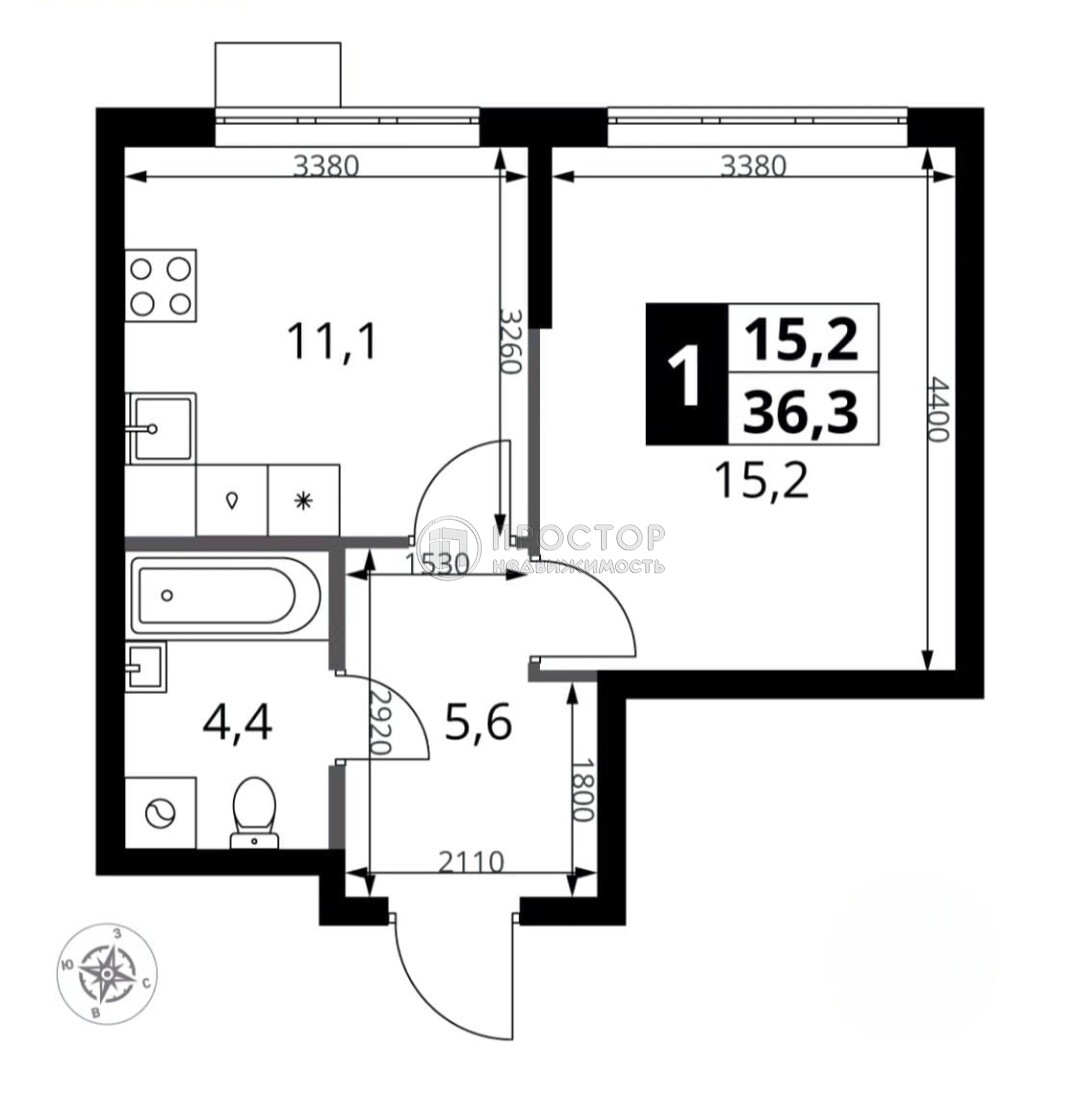 1-комнатная квартира, 36.3 м² - фото 73