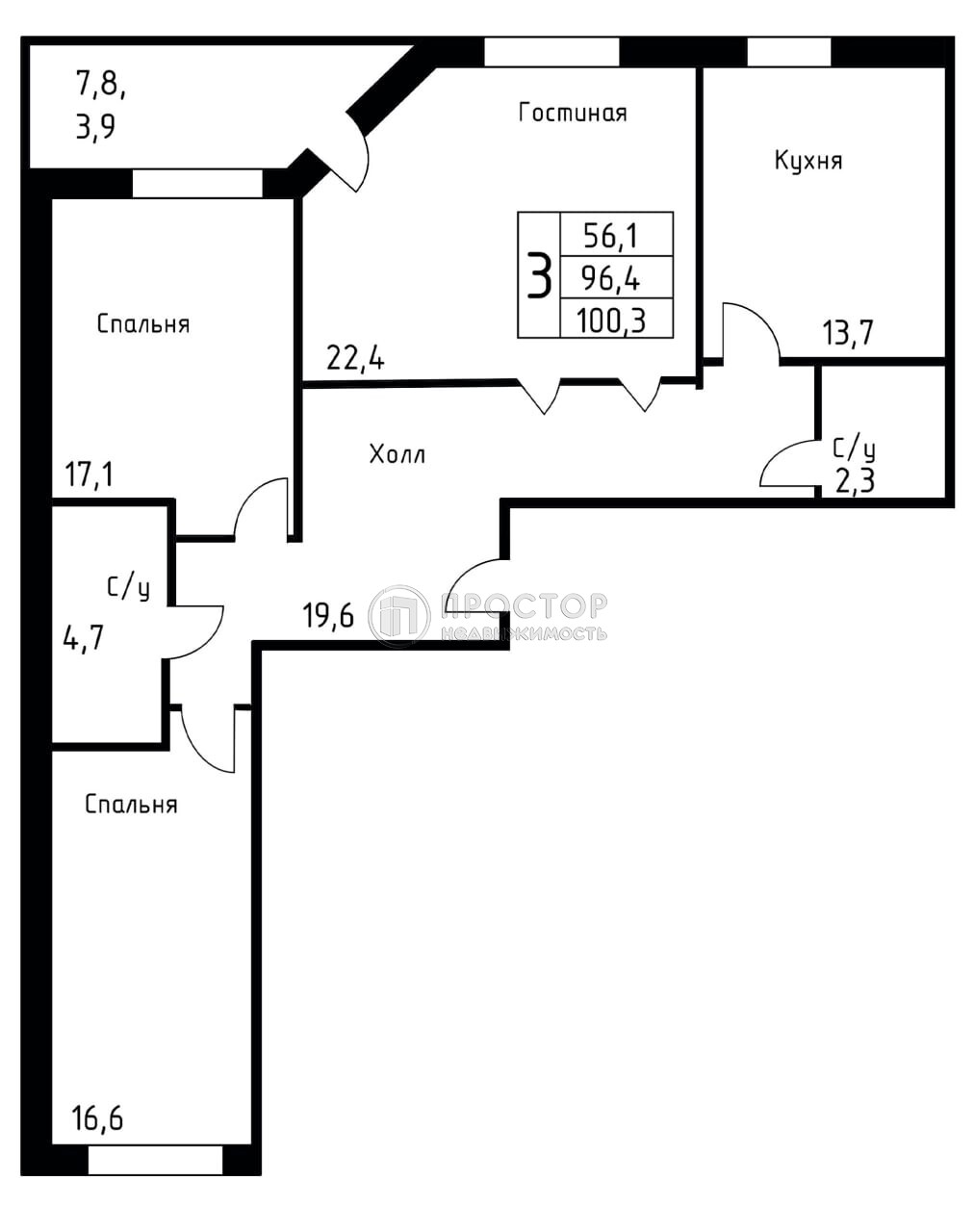 3-комнатная квартира, 96.4 м² - фото 759