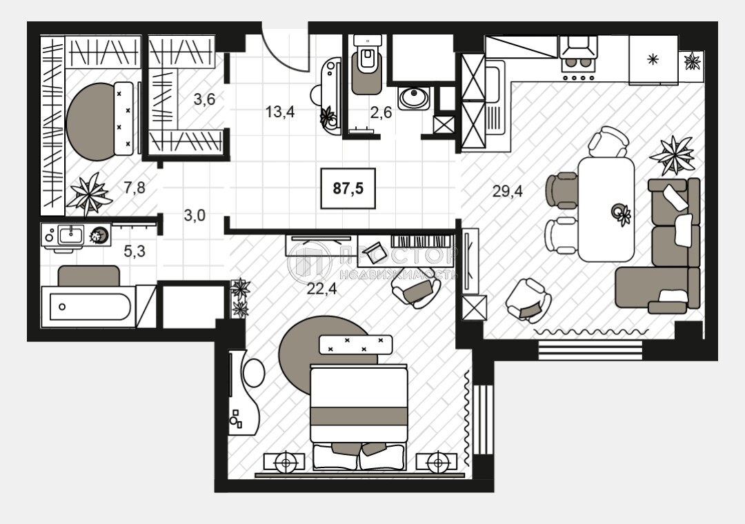 2-комнатная квартира, 87.5 м² - фото 4