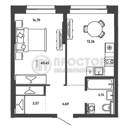 1-комнатная квартира, 40.45 м² - фото 13