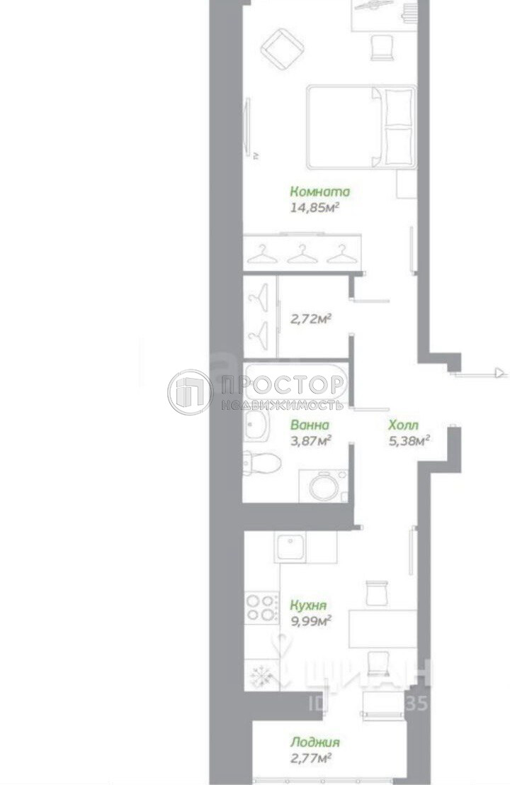 1-комнатная квартира, 36.4 м² - фото 19