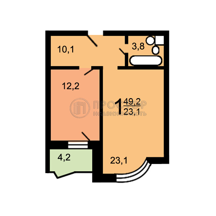 1-комнатная квартира, 49.2 м² - фото 986