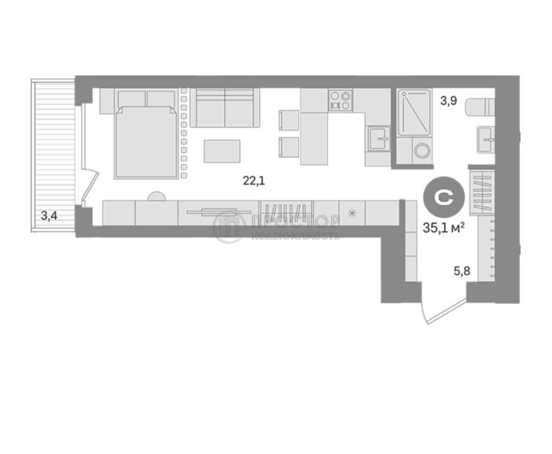 Студия, 35.1 м² - фото 12