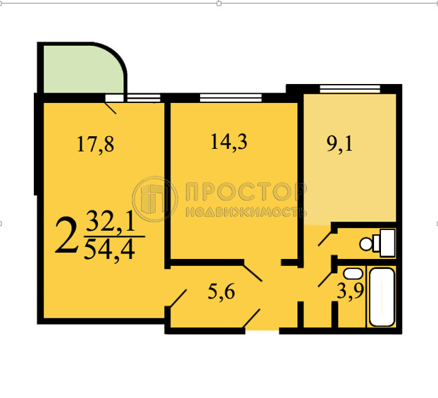 2-комнатная квартира, 54 м² - фото 972