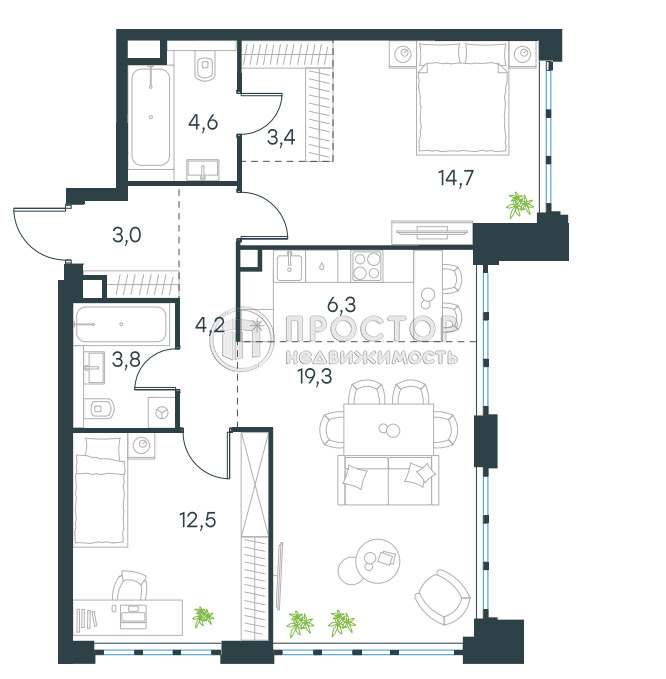 2-комнатная квартира, 71.8 м² - фото 4