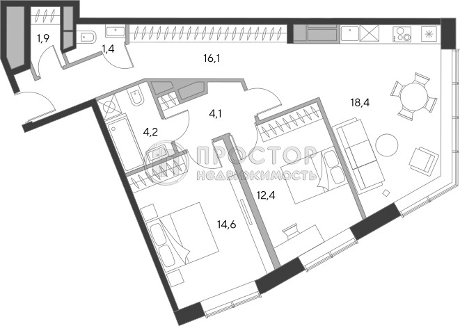 2-комнатная квартира, 74 м² - фото 8