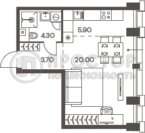 1-комнатная квартира, 33.9 м² - фото 9