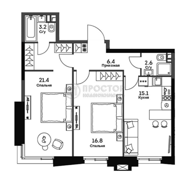 2-комнатная квартира, 65.5 м² - фото 2