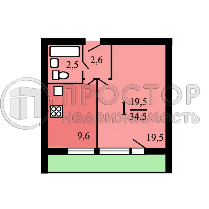 1-комнатная квартира, 35 м² - фото 22