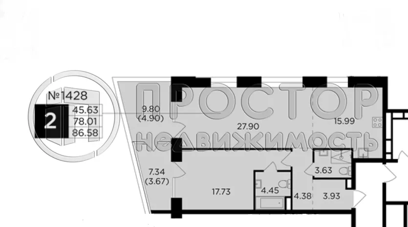 2-комнатная квартира, 86.58 м² - фото 9