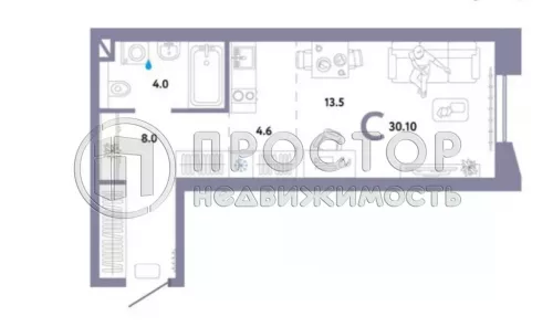 Студия, 30.1 м² - фото 11