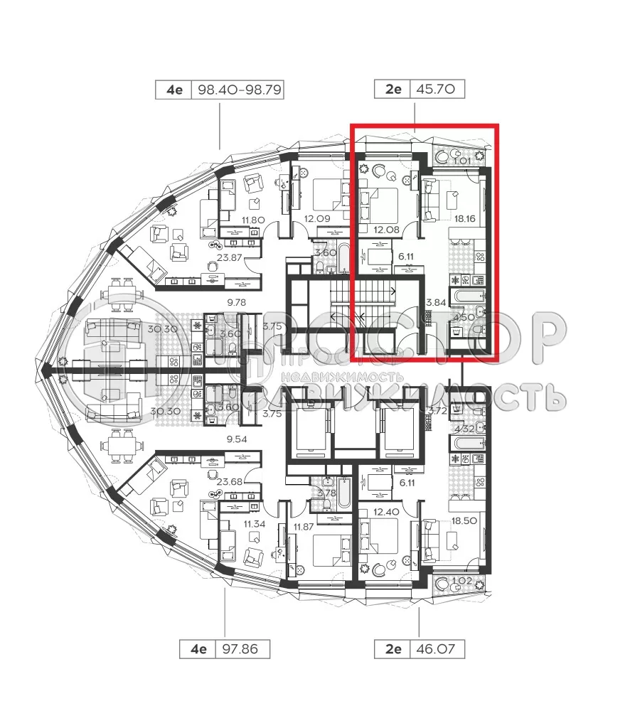 1-комнатная квартира, 45.7 м² - фото 9