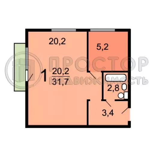 1-комнатная квартира, 32.8 м² - фото 22