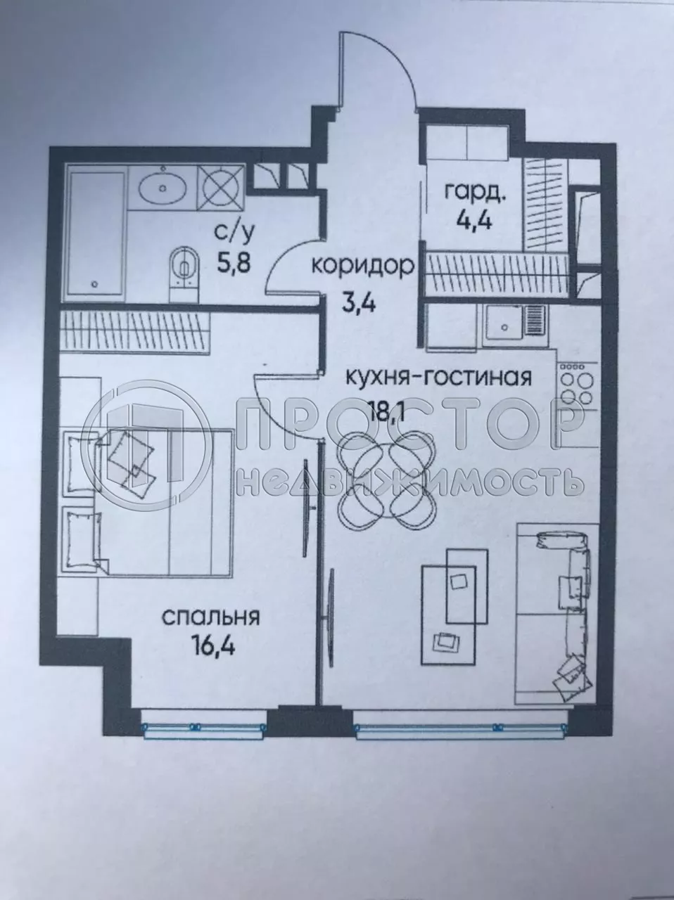 1-комнатная квартира, 48.1 м² - фото 11