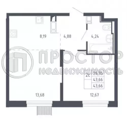 2-комнатная квартира, 43.66 м² - фото 7