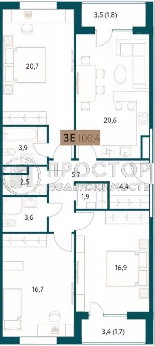 3-комнатная квартира, 100.4 м² - фото 13