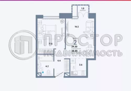 2-комнатная квартира, 38.3 м² - фото 7